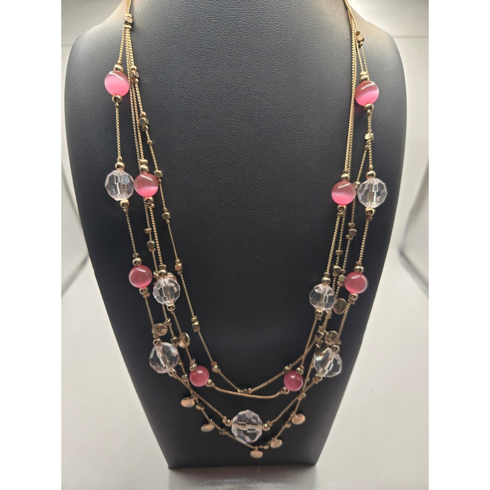 Gold Tone Multi Strand Layered Necklace Pink Cats Eye Beads Clear Accents